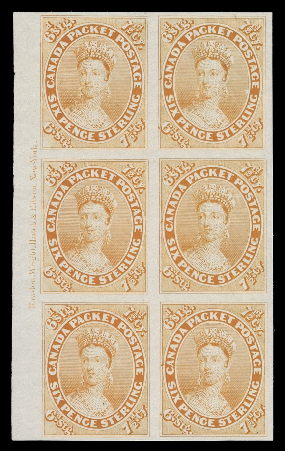SEVEN AND ONE HALF PENCE AND TWELVE AND ONE HALF CENTS  9TCiii + variety,A fabulous trial colour plate proof block of six printed in orange yellow on india paper, showing complete Rawdon, Wright, Hatch & Edson, New York imprint in left margin. A very rare block in exceptionally fresh, pristine condition, XF (Unitrade cat. as singles)The plate imprint is noticeably re-entered, resulting in doubling of many of the letters, as documented on Ralph Trimble website as imprint left of Position 25.Provenance: Henry Gates (Part 1), Maresch Sale 124, March 1981; Lot 401.The "Lindemann" Collection - Pence & Cents Issue (private treaty circa. 1997).