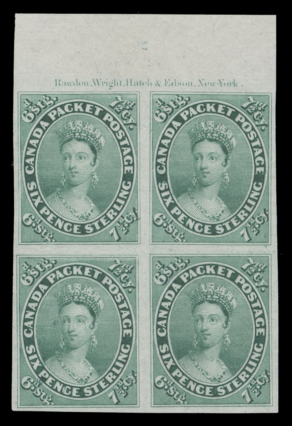 SEVEN AND ONE HALF PENCE AND TWELVE AND ONE HALF CENTS  9P,Plate proof block in near issued colour on india paper, showing complete Rawdon, Wright, Hatch & Edson, New York imprint in top margin; an appealing and choice plate imprint block, VF (Unitrade cat. as singles)Provenance: "Scenic" (Sam Nickle) Essays & Proofs Collection, Robson Lowe, Zurich, November 1982; Lot 2013.Henry Gates (Part 1), Maresch Sale 124, March 1981; Lot 396.The "Lindemann" collection (private treaty circa. 1997).