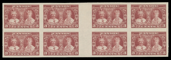 CANADA -  8 KING GEORGE V  213i,A lovely mint imperforate block of eight with interpanneau gutter margin at centre, bright fresh colour, VF NH; only ten such blocks exist and not all of them remain in NH condition.