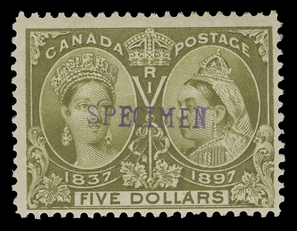 CANADA -  6 1897-1902 VICTORIAN ISSUES  59s-65s,The set of seven mint singles with SPECIMEN overprint; typical fine or better centering with unusually bright colours, four values with small thin or gum thin as often, $3 perf faults at foot, exceptionally fresh with true rich colours, Fine H (Unitrade cat. $2,600 as fine)