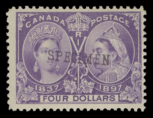 CANADA -  6 1897-1902 VICTORIAN ISSUES  59s-65s,The set of seven mint singles with SPECIMEN overprint; typical fine or better centering with unusually bright colours, four values with small thin or gum thin as often, $3 perf faults at foot, exceptionally fresh with true rich colours, Fine H (Unitrade cat. $2,600 as fine)