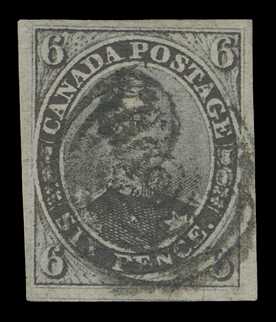 CANADA -  2 PENCE  2,A large margined single with very prominent laid lines including a "vergé line", colour somewhat oxidized, bold impression and concentric rings, VF; clear 1999 Greene Foundation cert.