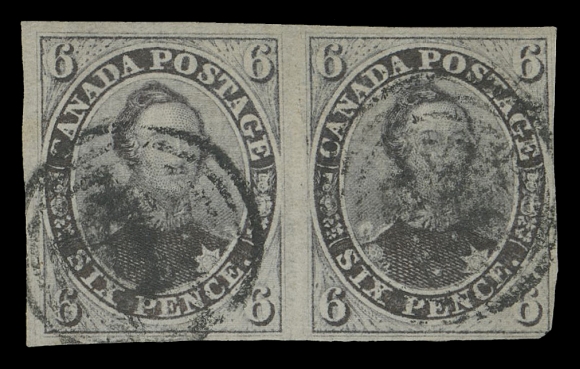 CANADA -  2 PENCE  2,A scarce used horizontal pair, with ample to large margins except at lower right, prominent laid lines, printed in a deep shade as observed on the certificate; Fine+; 2014 Greene Foundation cert.