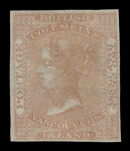 BRITISH COLUMBIA  1,A fresh mint example of this very scarce classic stamp displaying ample margins for the issue and bright vivid colour, ideally and unusually possessing original gum. An elusive stamp missing from even advanced collections, F-VF LHExpertization: 1998 & 2015 Greene Foundation certificatesProvenance: Edward Tresoldi Granger, H.R. Harmer Ltd, October 1958; Lot 234