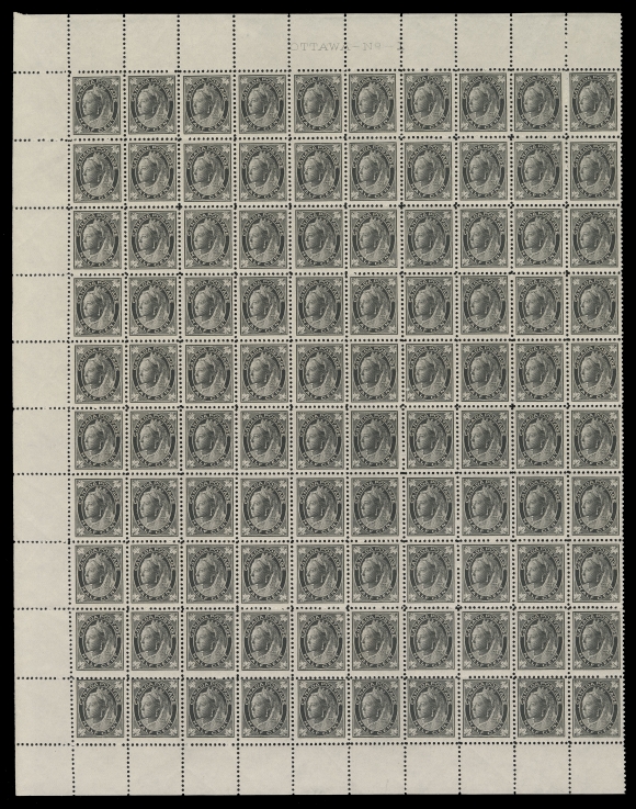 CANADA -  6 1897-1902 VICTORIAN ISSUES  66, 66i,A quite well centered Plate 1 left pane of 100, sheet margin on three sides as do all known, showing many well centered stamps including both Major Re-entries found at Positions 1 and 69. Folded horizontally along perfs at centre, in an excellent state of preservation, F-VF NH (Unitrade cat. $3,895)
