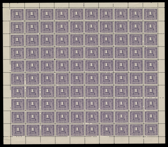 CANADA - 16 POSTAGE DUE  J6,A nice mint sheet of 100, engraved plate "1" (reversed) at top along perfs as usual, minor separation in lower margin, a better centered sheet, F-VF NH (Unitrade cat. $2,874)