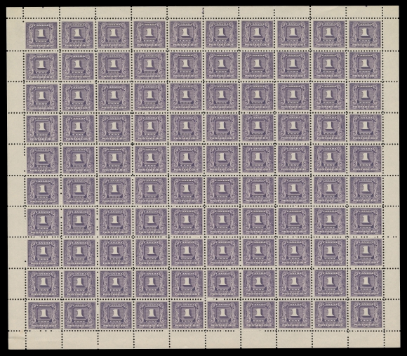 CANADA - 16 POSTAGE DUE  J6,A nice mint sheet of 100, engraved plate "1" (reversed) at top along perfs as usual, minor separation in lower margin, a better centered sheet, F-VF NH (Unitrade cat. $2,874)