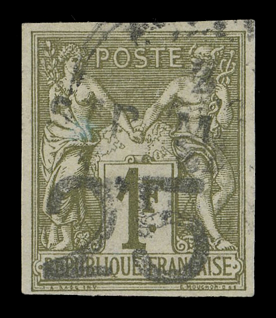 SPM - GENERAL ISSUES  7c,An attractive example with good margins all around, Type 1 overprint with SPM positioned above "25", lightly cancelled, only about 20 examples have been reported; experts A. Brun and R. Calves guarantee backstamps, VF; 2005 Behr cert. (Yvert 2c € 4,500; Maury 2f € 3,800)
