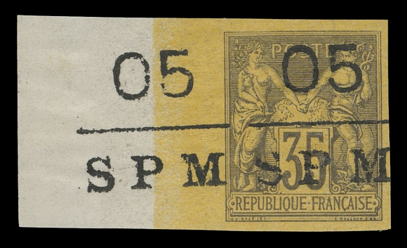 SPM - GENERAL ISSUES  4, 6,Se-tenant surcharges on stamp and left margin, the key 35c stamp is NH, 1fr OG, VF (Yvert 9a, 11a € 500; Maury 8, 10; Tillard 1885-10, 11 € 700)
