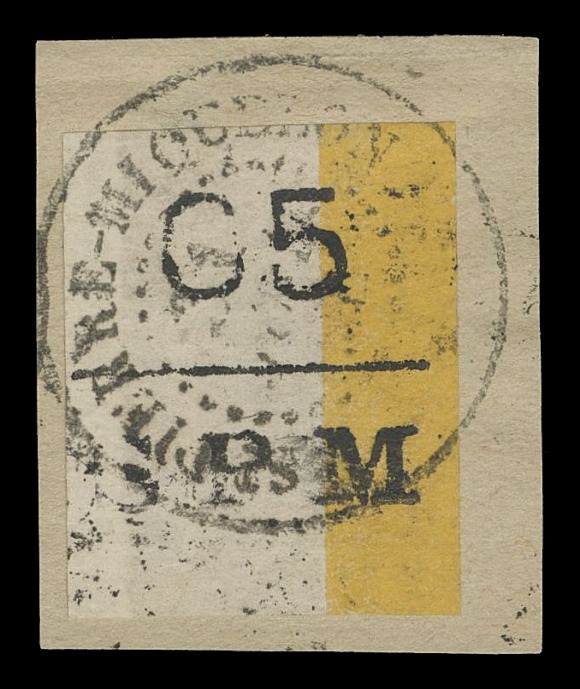 SPM - GENERAL ISSUES  4 variety,Imperforate sheet margin with vertical coloured band of the 35c black Sage on orange yellow paper, tied to small piece; a rare surcharge variety unlisted on this particular stamp, VF (Yvert 9 var.; Maury 8 var.; Tillard 1885-11 var.)