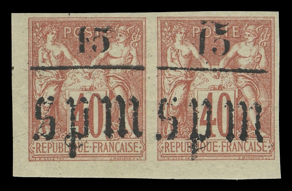 SPM - GENERAL ISSUES  2, 3 wide spacing,Fresh mint horizontal pairs, both showing wide "SPM" overprint (17mm instead of 15½mm), minor gum crease on right 15c on 40c stamp, scarce, VF OG (Yvert 6, 7 variety; Maury 5h, 6h € 800; Tillard 1885-6g, 7e € 700)