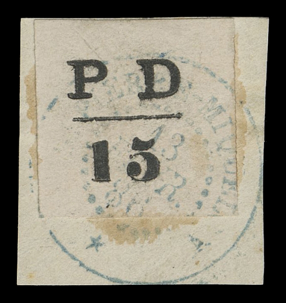 SPM - GENERAL ISSUES  14,An attractive example tied to small piece by nearly complete 13 FEVR postmark; backstamp signatures of expert Jean-François Brun and R. Calves, VF (Yvert 17 € 1,800; Maury 14 € 1,750; Tillard 1886-3: PD/15 € 2,000)