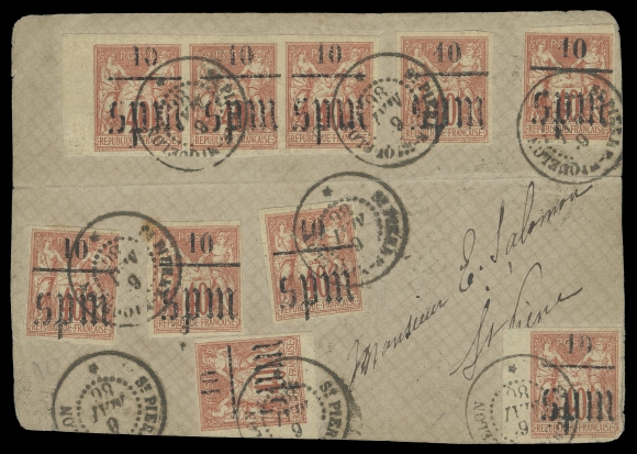 SPM - GENERAL ISSUES  1886 (May 6) Parcel post wrapper addressed locally to Eugène Salomon (notary, former mayor and councilor) bearing an impressive multiple franking - 10 / SPM overprint on 40c vermilion, imperforate, strip of three and seven singles, for 1fr franking; minor flaws to stamp positioned at bottom right, horizontal fold away from stamps, all neatly postmarked, attractive, VF (Scott 2; Yvert 6; Maury 5)