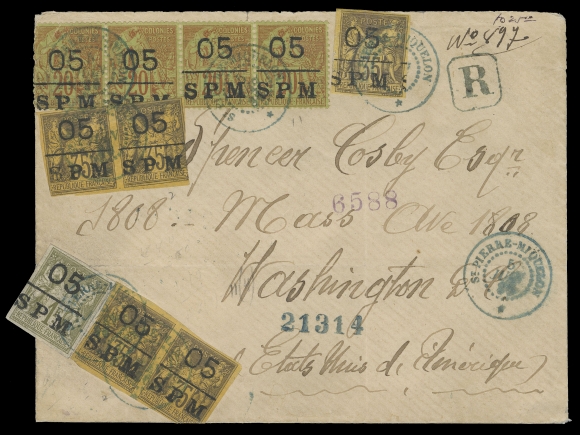 SPM - GENERAL ISSUES  1886 (June 5) Registered cover to Washington, USA, bearing an impressive multiple franking with imperforate 05 / SPM on 35c, two pairs and single, 05 / SPM on 1fr and perforated 05 / SPM on 20c strip of three and single, minor faults, tied by blue CDS, Boston and Washington backstamps; pays the 25c letter rate + 25c registration, a Fine and visually striking cover. (Scott 4, 6, 11; Yvert 8, 9, 11; Maury 8, 10, 11)