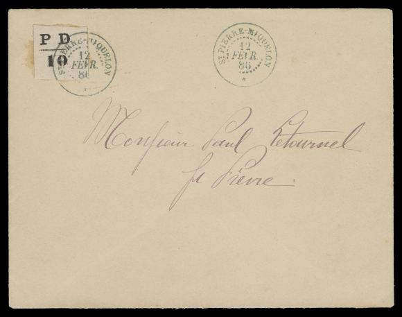 SPM - GENERAL ISSUES  12-14,1886 (February 12 - Second Day of Issue) Set of three - 5c, 10c & 15c black, typographed, imperforate, on matching individually franked covers, postmarked St. Pierre-Miquelon 12 FEVR. 86 double ring datestamp, second strike at right, addressed locally. All are rarely seen used on cover; a remarkable trio in immaculate condition, XF (Yvert 16, 16A, 17; Maury 12-14 € 11,900; Scott cat. US$13,000)Excerpt taken from J. Taylor notes: "To prevent speculation and discourage forgers, these stamps were not sold directly to the public. Postal patrons had to hand his letter with payment to a postal clerk, who would placed the letter in an envelope with a provisional stamp affixed."