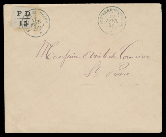 SPM - GENERAL ISSUES  12-14,1886 (February 12 - Second Day of Issue) Set of three - 5c, 10c & 15c black, typographed, imperforate, on matching individually franked covers, postmarked St. Pierre-Miquelon 12 FEVR. 86 double ring datestamp, second strike at right, addressed locally. All are rarely seen used on cover; a remarkable trio in immaculate condition, XF (Yvert 16, 16A, 17; Maury 12-14 € 11,900; Scott cat. US$13,000)

Excerpt taken from J. Taylor notes: "To prevent speculation and discourage forgers, these stamps were not sold directly to the public. Postal patrons had to hand his letter with payment to a postal clerk, who would placed the letter in an envelope with a provisional stamp affixed."