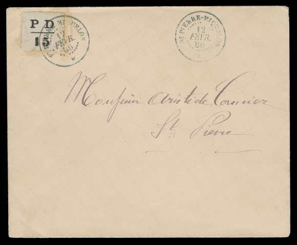 SPM - GENERAL ISSUES  12-14,1886 (February 12 - Second Day of Issue) Set of three - 5c, 10c & 15c black, typographed, imperforate, on matching individually franked covers, postmarked St. Pierre-Miquelon 12 FEVR. 86 double ring datestamp, second strike at right, addressed locally. All are rarely seen used on cover; a remarkable trio in immaculate condition, XF (Yvert 16, 16A, 17; Maury 12-14 € 11,900; Scott cat. US$13,000)

Excerpt taken from J. Taylor notes: "To prevent speculation and discourage forgers, these stamps were not sold directly to the public. Postal patrons had to hand his letter with payment to a postal clerk, who would placed the letter in an envelope with a provisional stamp affixed."