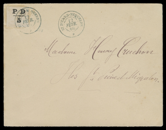 SPM - GENERAL ISSUES  12-14,1886 (February 12 - Second Day of Issue) Set of three - 5c, 10c & 15c black, typographed, imperforate, on matching individually franked covers, postmarked St. Pierre-Miquelon 12 FEVR. 86 double ring datestamp, second strike at right, addressed locally. All are rarely seen used on cover; a remarkable trio in immaculate condition, XF (Yvert 16, 16A, 17; Maury 12-14 € 11,900; Scott cat. US$13,000)Excerpt taken from J. Taylor notes: "To prevent speculation and discourage forgers, these stamps were not sold directly to the public. Postal patrons had to hand his letter with payment to a postal clerk, who would placed the letter in an envelope with a provisional stamp affixed."
