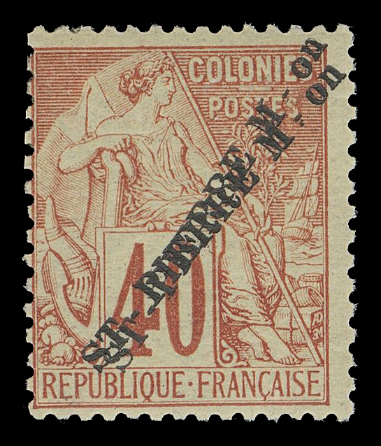 SPM - GENERAL ISSUES  33a,A bright mint single with double overprint in black; backstamped by experts A. Brun, R. Calves, Fine+ LH (Yvert 28a € 750; Maury 28c € 625; Tillard 1891-16d € 960)