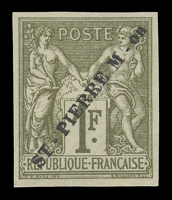 SPM - GENERAL ISSUES  A fresh unused example with trial essay "ST-PIERRE M - on" overprint in black - first impression (Type 1 - font type not used on the issued stamps), without gum as  always, very scarce, VF (Yvert 30A € 3,000; Maury 31A € 2,600; Tillard 1891-5A €3,500)