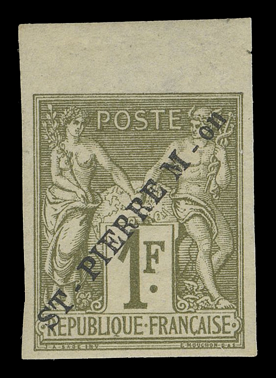 SPM - GENERAL ISSUES  Top margin mint single with trial essay "ST-PIERRE M - on" overprint in black - second impression (Type 2 - font type used on the issued Alphée Dubois series), gummed as they are known to be. Only four mint examples have been recorded, VF (Yvert 30A variety; Maury 31B € 3,500; Tillard 1891-5B € 5,650)