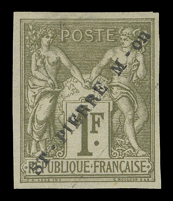 SPM - GENERAL ISSUES  A fresh unused example with trial essay "ST-PIERRE M - on" overprint in black - first impression (Type 1 - font type not used on the issued stamps), additionally showing misaligned overprint variety "raised second "E". Reported by James Taylor in his lengthy article published in the London Philatelist (December 2016) as being "the only example of the variety reported". Without gum as always for Type 1 essays; backstamped by experts R. Gilbert and A. Brun, very scarce and VF (Yvert 30A € 3,000; Maury 31A € 2,600; Tillard 1891-5A €3,500)