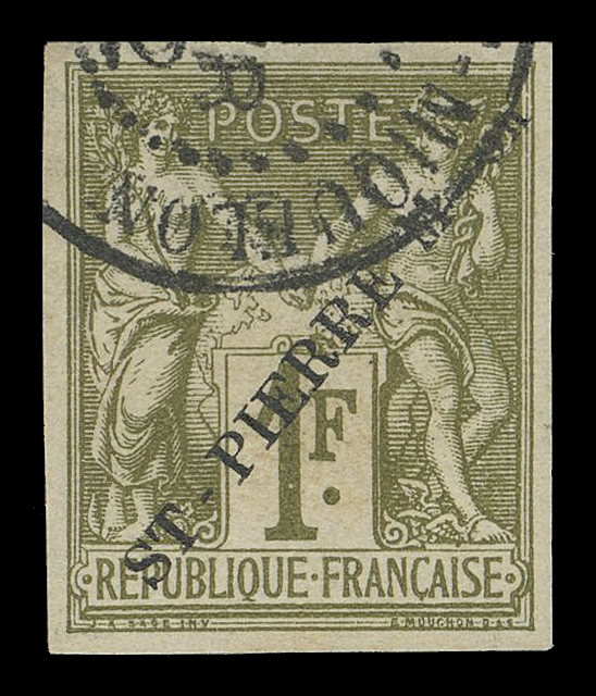 SPM - GENERAL ISSUES  An attractive used single with trial essay "ST-PIERRE M - on" overprint in black - second impression (Type 2 - font type used on the issued Alphée Dubois series), postmark at top. Of the five known Type 2 examples, only one example is known used, VF (Yvert 30A variety; Maury 31B € 3,500 for mint; Tillard 1891-5B € 5,650)
