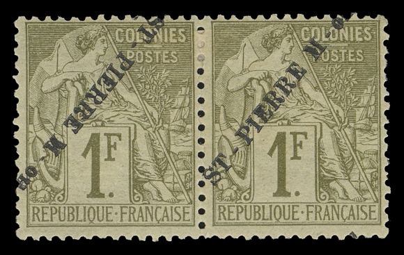 SPM - GENERAL ISSUES  35 + 35a,An elusive mint pair with tête-bêche inverted and upright overprints, intact perforations, fresh with large part OG; two pencil signatures on back, F-VF (Yvert 30 + 30a € 455+; Maury 30 + 30a € 425; Tillard 1891-18a € 775)