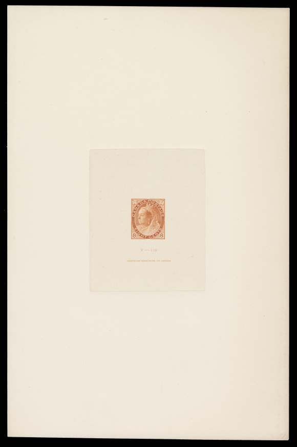 CANADA -  6 1897-1902 VICTORIAN ISSUES  82,An exceptionally fresh Large Die Proof printed in the issued colour on india paper 60 x 75mm, die sunk on full-size card 150 x 227mm; showing die "F-119" number and American Bank Note Co. Ottawa imprint (23mm long). An impressive and very rarely seen full-size die proof, VF+