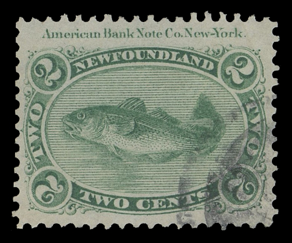 NEWFOUNDLAND -  2 CENTS  24a,A remarkable used single ideally capturing the complete ABNC imprint at top, well centered within incredibly large margins, brilliant fresh colour on the distinctive first printing paper, unobtrusive circular mute cancellation. XF GEM; 2003 APS cert.