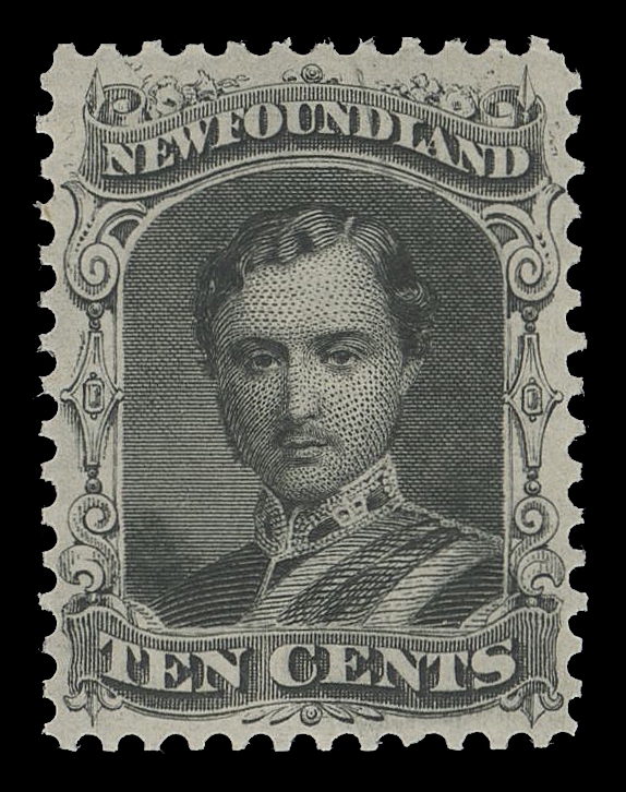 NEWFOUNDLAND -  2 CENTS  27a,An unusually well centered mint single, narrow margins as often seen on this particular stamp, perforations clear of design on all sides, deep rich colour on fresh paper, faint fingerprint on gum. A rare stamp in such superior quality that is noticeably scarcer than the 1871 re-issue on white wove paper, VF+ NHExpertization: clear 2010 Greene Foundation certificateProvenance: The "Crossings" Collection, Eastern Auctions, January 2010; Lot 49