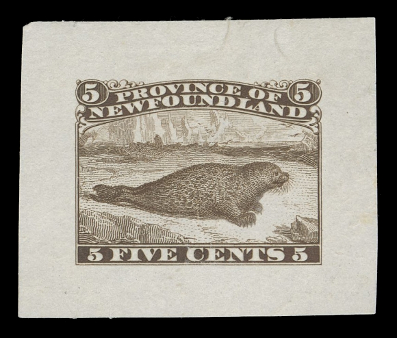 NEWFOUNDLAND -  2 CENTS  25,Engraved Die Essay in brown on india paper 38 x 32mm, showing virtually all of the traits of the issued stamp except that it reads "PROVINCE OF NEWFOUNDLAND" at top. A wonderful die essay in an excellent state of preservation, very rare, XF (Minuse & Pratt 25E-C)