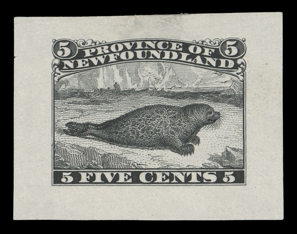 NEWFOUNDLAND -  2 CENTS  25,Engraved Die Essay in black on india paper 37 x 28mm, displaying nearly all the elements found on the issued stamp except that it reads "PROVINCE OF NEWFOUNDLAND" at top. A rare die essay - the preliminary design with unadopted inscriptions, VF (Minuse & Pratt 25E-C)