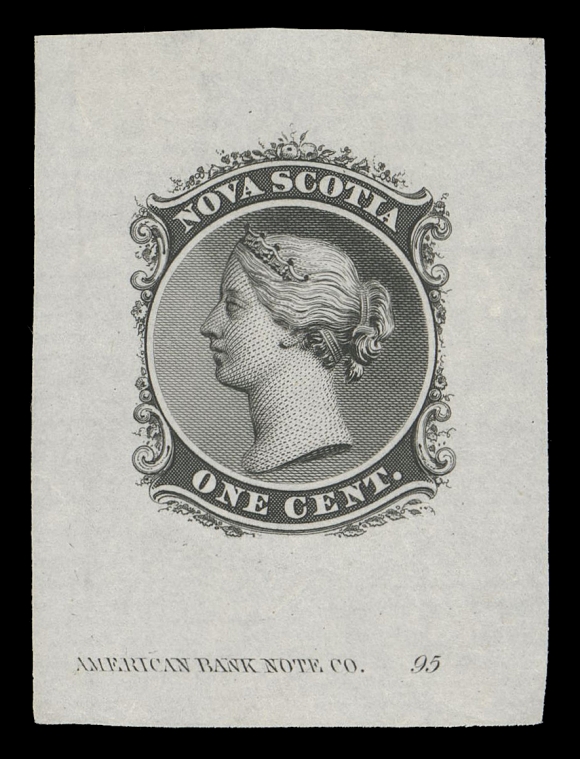 NOVA SCOTIA -  2 CENTS  8,Progressive Die Proof, engraved, printed in black, colour of issue, on india paper 33 x 45mm; the unfinished design with unstrengthened background lines in central vignette at front of Queen