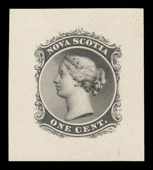 NOVA SCOTIA -  2 CENTS  8,Progressive Die Proof, engraved, printed in black, colour of issue, on card mounted india paper 32 x 36mm; the unfinished design with unstrengthened background lines in central vignette at front of Queen