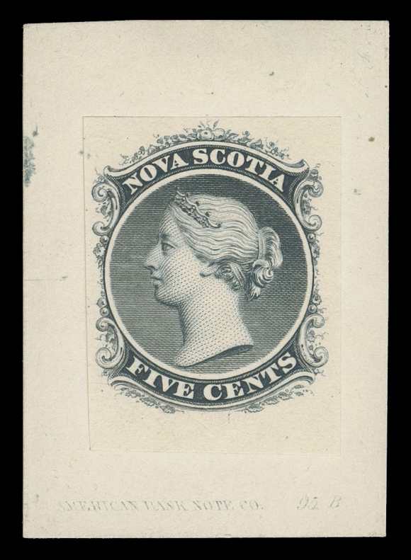 NOVA SCOTIA  10,“Goodall” die proof, engraved, printed in dark greenish blue on india paper 23 x 30mm on card 33 x 46mm, albino American Bank Note Co. imprint and die number “95B” at foot. A rare "Goodall" die proof, VF (Minuse & Pratt 10TC2g)