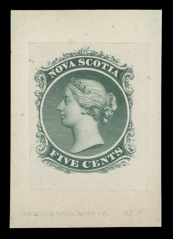NOVA SCOTIA -  2 CENTS  10,"Goodall" die proof, engraved, printed in bluish green on india paper 25 x 30mm, die sunk on card 31 x 45mm, albino impression of ABNC imprint and die number "95B" at foot. A choice and rare proof, VF+ (Minuse & Pratt 10TC2g)Provenance: Sir Gawaine Baillie, Volume VII - British North America, May 2006; Lot 188Fred Fawn, Siegel, November 2014; Lot 2285