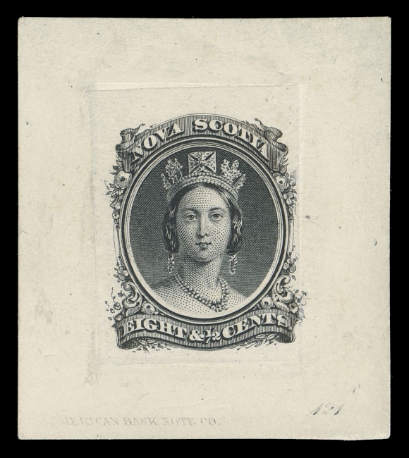NOVA SCOTIA -  2 CENTS  11,"Goodall" die proof, engraved, printed in black on india paper 23 x 30mm sunk on card 42 x 47mm, with lightly inked albino impression of ABNC imprint and die number "121" at foot. A rarely seen "Goodall" die proof, VF (Minuse & Pratt 11TC2g)