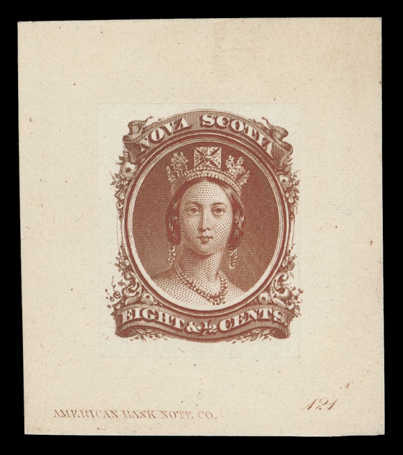 NOVA SCOTIA -  2 CENTS  11,A superb "Goodall" die proof, engraved, printed in deep brownish red on india paper 23 x 29mm, sunk on card 41 x 47mm, showing unusually clear impression of ABNC imprint and die number "121" at foot; a beautiful example of this rare proof, XF (Minuse & Pratt 11TC2g) ex. Dr. Lewis Reford (Part Five, October 1951; Lot 1282)