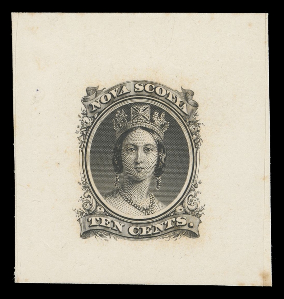 NOVA SCOTIA -  2 CENTS  12,Trial Colour Die Proof, engraved, printed in black on card mounted india paper 42 x 45mm, slight trace of foxing. Shows die sinkage at sides, an elusive proof, VF (Minuse & Pratt 12TC1a)It is interesting to note that no die proof (of any size) of the 10c exists in the issued colour, nor were any "Goodall" die proofs produced for this particular denomination.