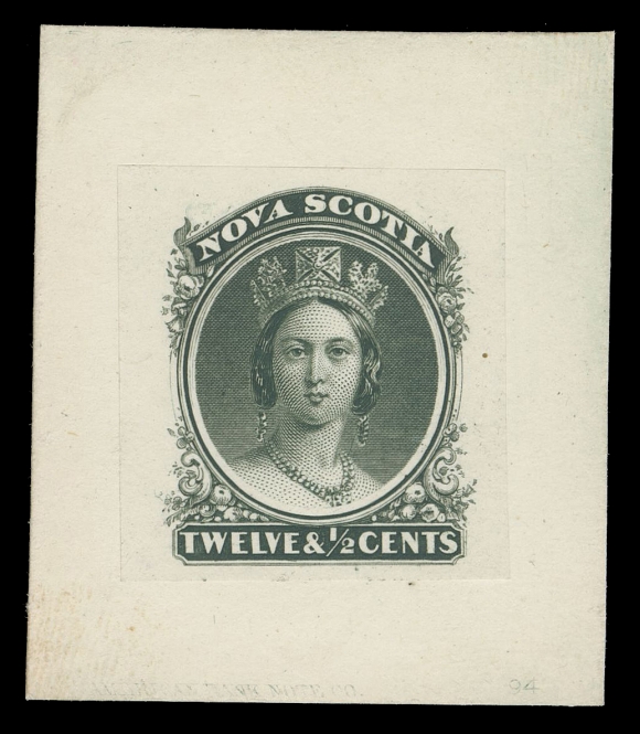 NOVA SCOTIA -  2 CENTS  13,Superb "Goodall" die proof, engraved, printed in bluish-green on india paper 26 x 28mm, die sunk on card 40 x 46mm; albino impression (as often) of ABNC imprint and die number "94" at foot, rarely seen and in choice condition, XF (Minuse & Pratt 13TC1g) 