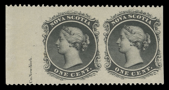 NOVA SCOTIA -  2 CENTS  8c,A well centered mint horizontal pair, imperforate vertically and showing portion of ABNC imprint in left margin, VF LH