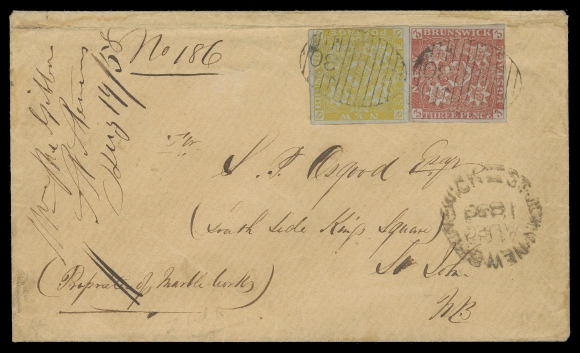 NEW BRUNSWICK  1858 (August 19) Buff envelope from St. Stephen to Saint John bearing single 3p bright red and 6p yellow, ample to large margins, horizontal fold away from stamps, registry number at top. A beautiful franking paying the 3 pence domestic letter rate + 6 pence registration, neatly and ideally tied by two centrally struck and very clear oval grid 