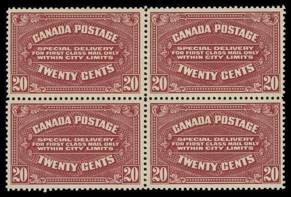 CANADA - 14 SPECIAL DELIVERY  E2a,An exceptionally well centered mint block of the first printing in the characteristic deeper shade, rich colour and full pristine original gum, a scarce block, VF NH