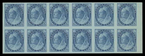 CANADA -  6 1897-1902 VICTORIAN ISSUES  74v, 75iv, 79ii, 82ii,Four matching imperforate blocks of twelve with sheet margin at right, ungummed as issued; 5c with trivial natural inclusion on one stamp and light creasing at foot of bottom row,  VF (Unitrade cat. $19,200)