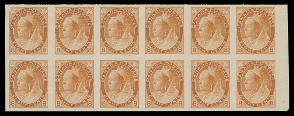 CANADA -  6 1897-1902 VICTORIAN ISSUES  74v, 75iv, 79ii, 82ii,Four matching imperforate blocks of twelve with sheet margin at right, ungummed as issued; 5c with trivial natural inclusion on one stamp and light creasing at foot of bottom row,  VF (Unitrade cat. $19,200)