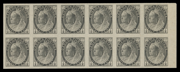 CANADA -  6 1897-1902 VICTORIAN ISSUES  74v, 75iv, 79ii, 82ii,Four matching imperforate blocks of twelve with sheet margin at right, ungummed as issued; 5c with trivial natural inclusion on one stamp and light creasing at foot of bottom row,  VF (Unitrade cat. $19,200)
