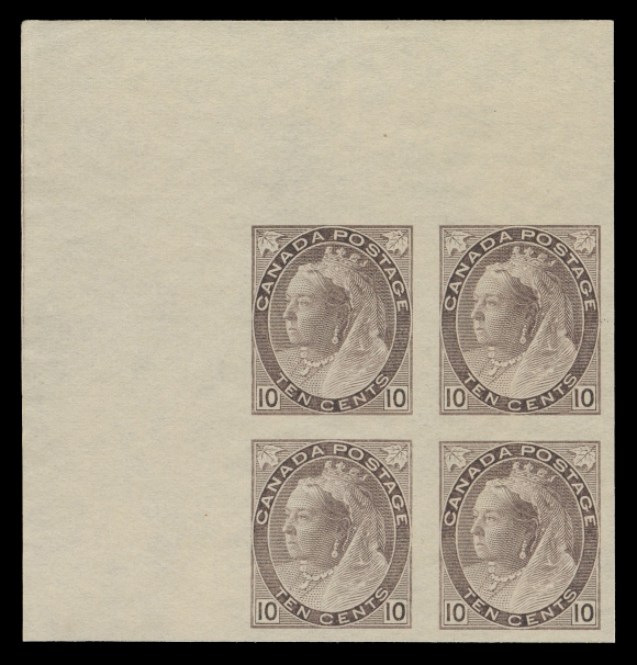 CANADA -  6 1897-1902 VICTORIAN ISSUES  83ii,A corner margin imperforate block of four, the paler shade associated with this horizontal mesh wove imperforate, ungummed as issued, VF