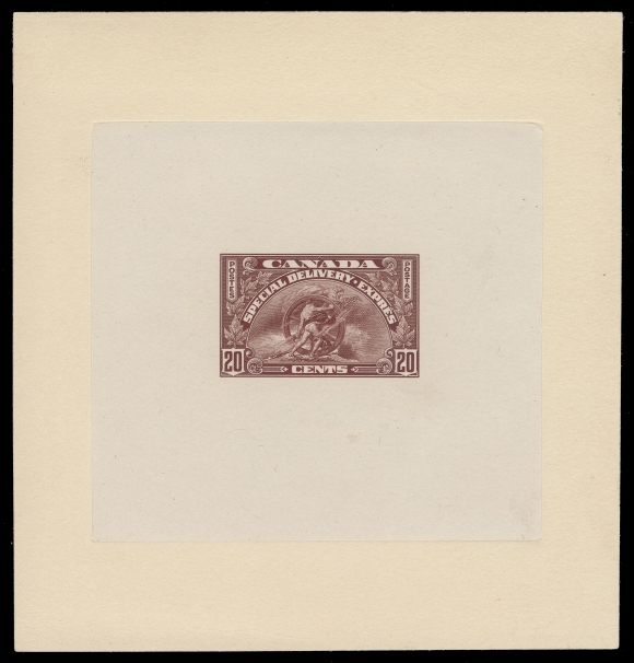 CANADA - 14 SPECIAL DELIVERY  E6,Large Die Proof printed in dark carmine, near issued colour, on india paper 95 x 88mm sunk on larger card 128 x 134mm; without die number or imprint but the finished design showing the grave accent on "EXPRÈS", a seldom seen proof, VF
