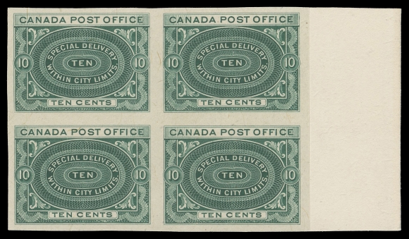 CANADA - 14 SPECIAL DELIVERY  E1,A remarkable plate proof block in the issued colour on card mounted india paper, sheet margin at right, tiny natural card inclusion at top left visible from the back only, otherwise in pristine condition and a rarely seen multiple, VF+ 
